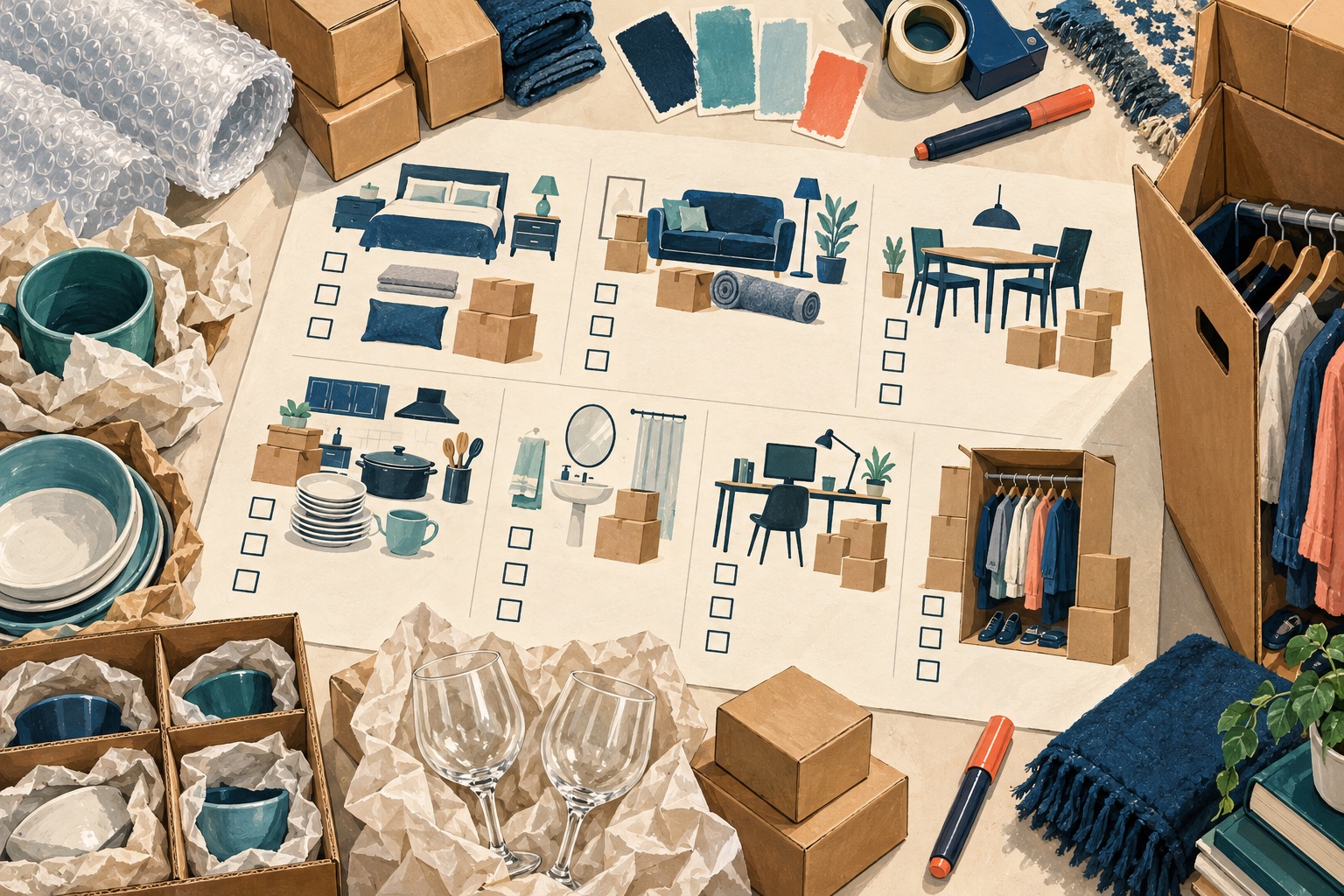 Second original illustration for Choosing a Packing-Service Level by the Rooms You Need Help With